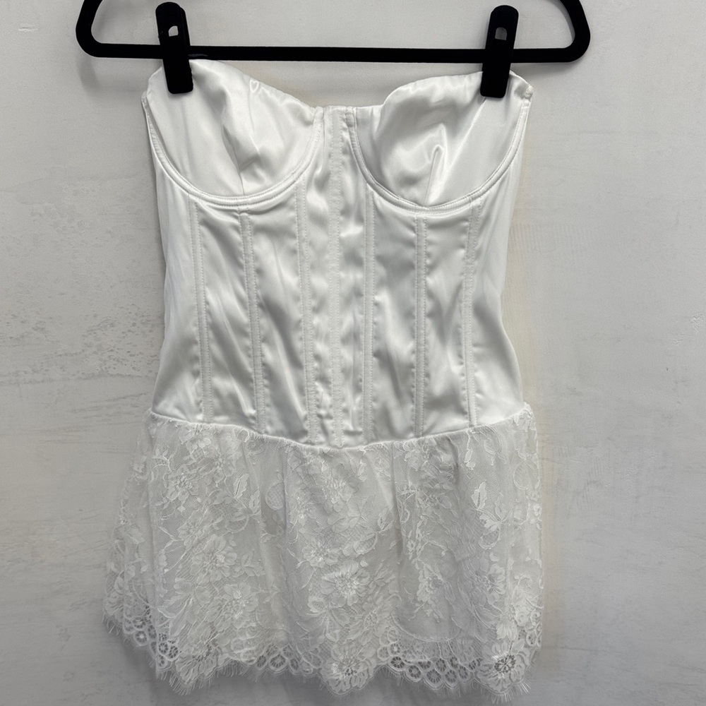 Strapless White Lace Bustier Mini Dress